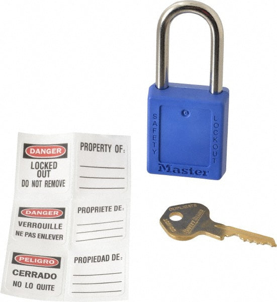 Master Lock 410KAS6BLU Lockout Padlock: Keyed Alike, Key Retaining, Thermoplastic, Plated Metal Shackle, Blue