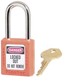 Master Lock 410KAS6ORJ Lockout Padlock: Keyed Alike, Key Retaining, Thermoplastic, Plated Metal Shackle, Orange