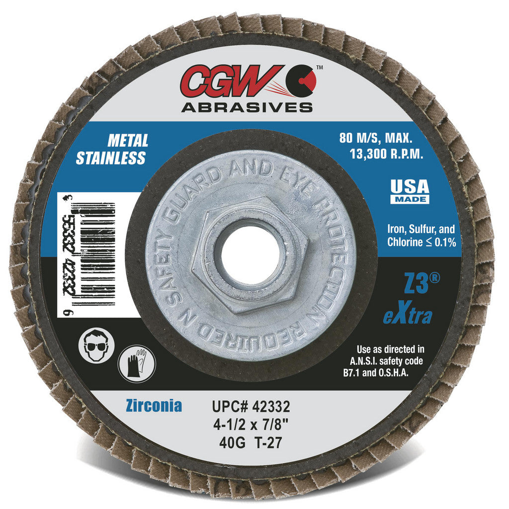 CGW Abrasives 42125 Flap Disc: 4" Dia, 5/8" Hole, Zirconia Alumina, Type 29