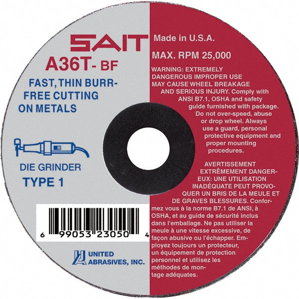 United Abrasives/SAIT 23061 Cut-Off Wheel: Type 1 (01/41), 4 Dia, 0.0600" Thick, 5/8" Hole, Aluminum Oxide