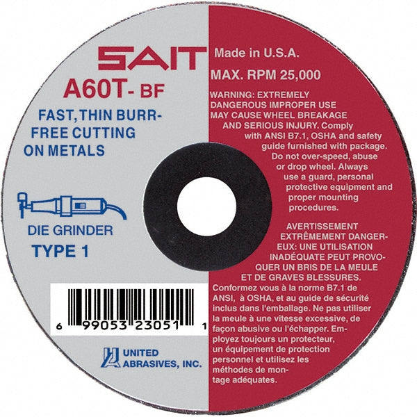 United Abrasives/SAIT 23051 Cut-Off Wheel: Type 1 (01/41), 3 Dia, 0.0350" Thick, 3/8" Hole, Aluminum Oxide