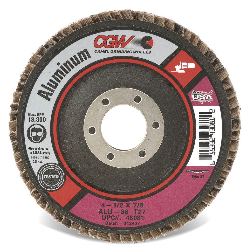 CGW Abrasives 43094 Flap Disc: 4-1/2" Dia, Aluminum Oxide, Type 27
