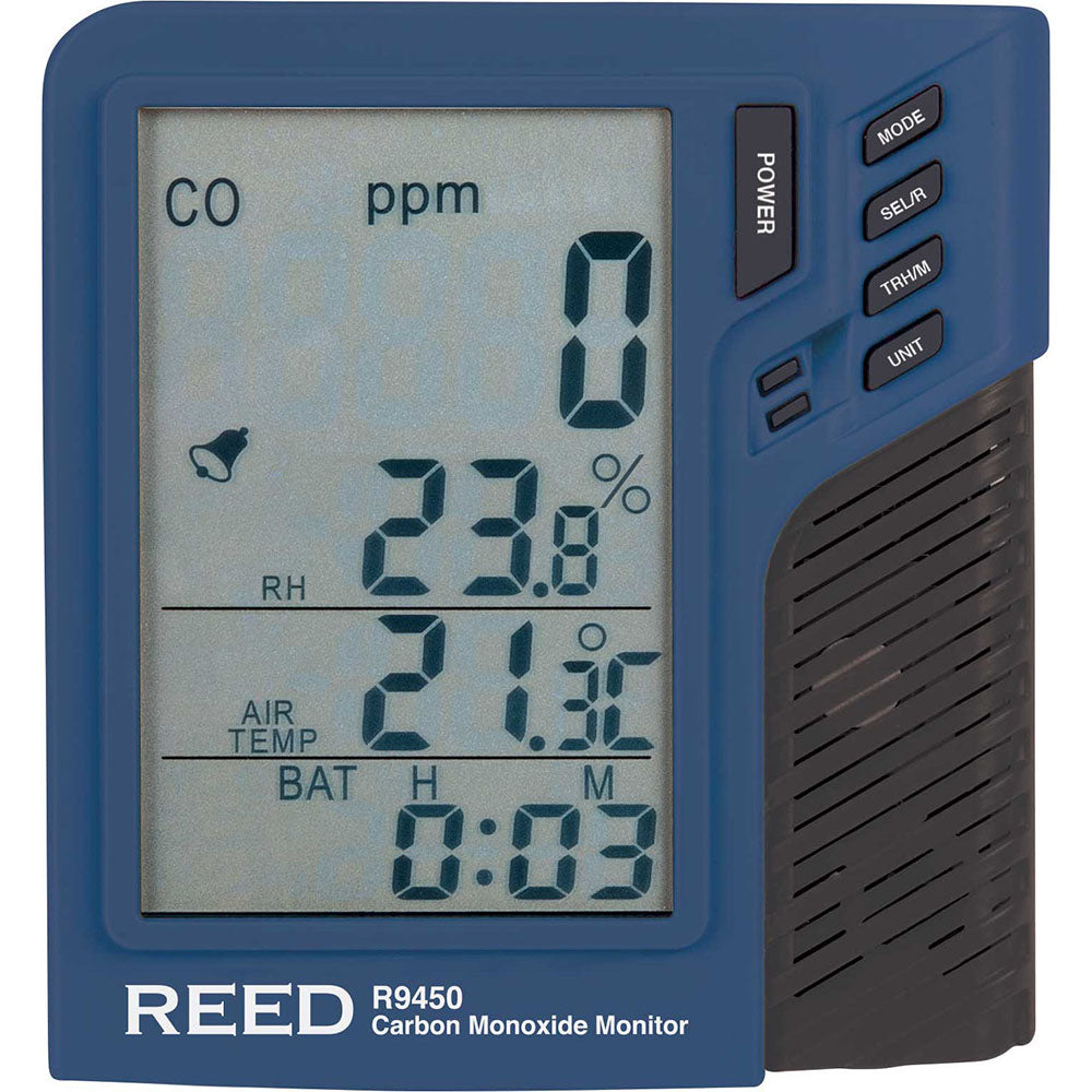 REED Instruments R9450 Gas & Refrigerant Detectors; Detector Type: CO Meter; Alarm Type: Audible; Visual; Display Type: LCD; Measuring Range: CO: 0-999 ppm; Temperature: 32 to 122.0°F (0 to 50.0°C); Humidity: 10 to 90%RH; Humidity Range: 10 to 90%