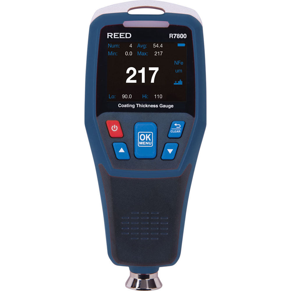 REED Instruments R7800 Coating Thickness Gages; Minimum Thickness Measurement: 0 µm; Maximum Thickness Measurement: 1250 µm; Accuracy: ±3% +1 µm; Base Material: Ferrous; Nonferrous; Display Type: LCD; Batteries Included: Yes