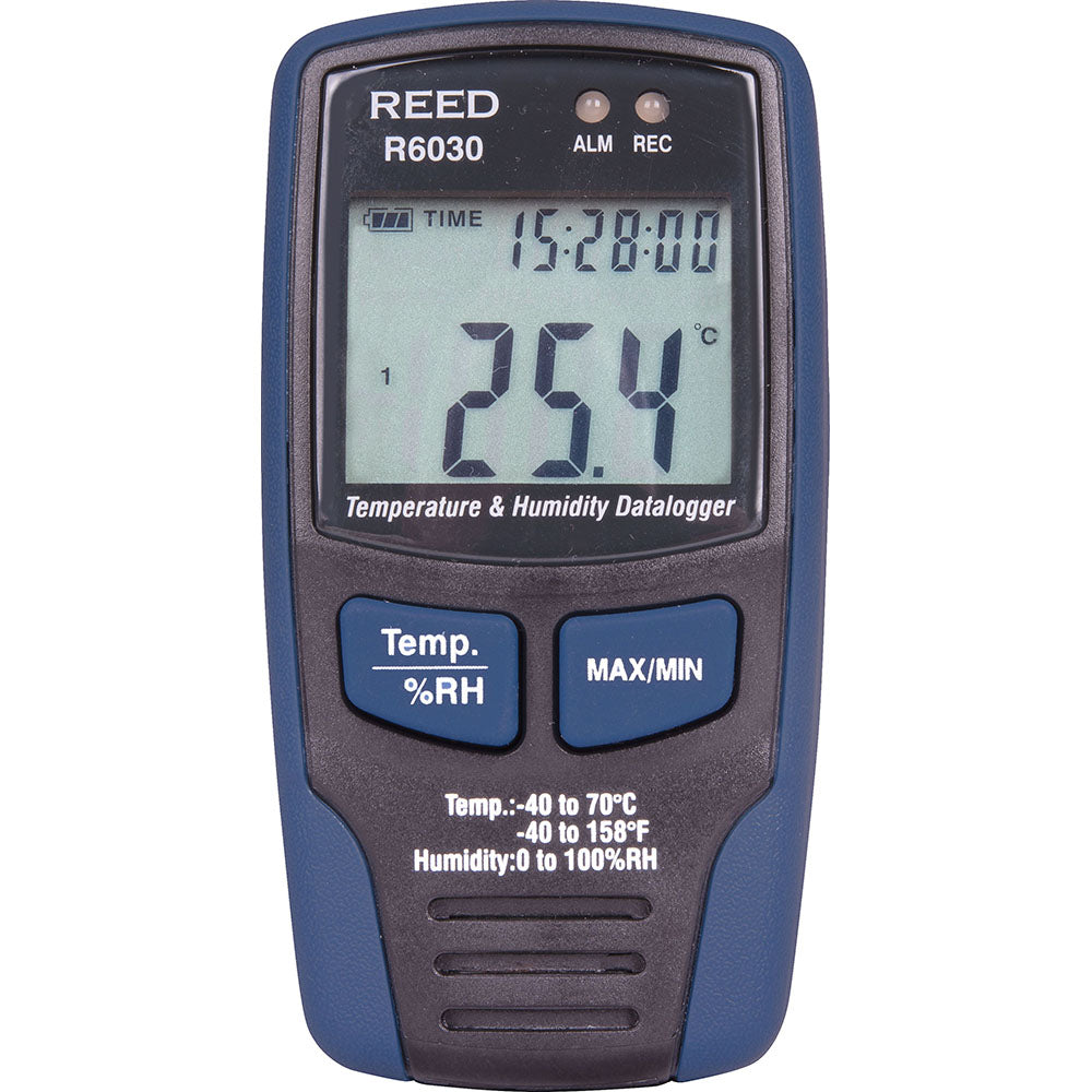 REED Instruments R6030 Thermometer/Hygrometers: Minimum Relative Humidity (%): 0; Maximum Relative Humidity (%): 100.00; Minimum Temperature (C): -40.00; Minimum Temperature (F): -40.000; Maximum Temperature (C): 70.00; Maximum Temperature (F): 158.000