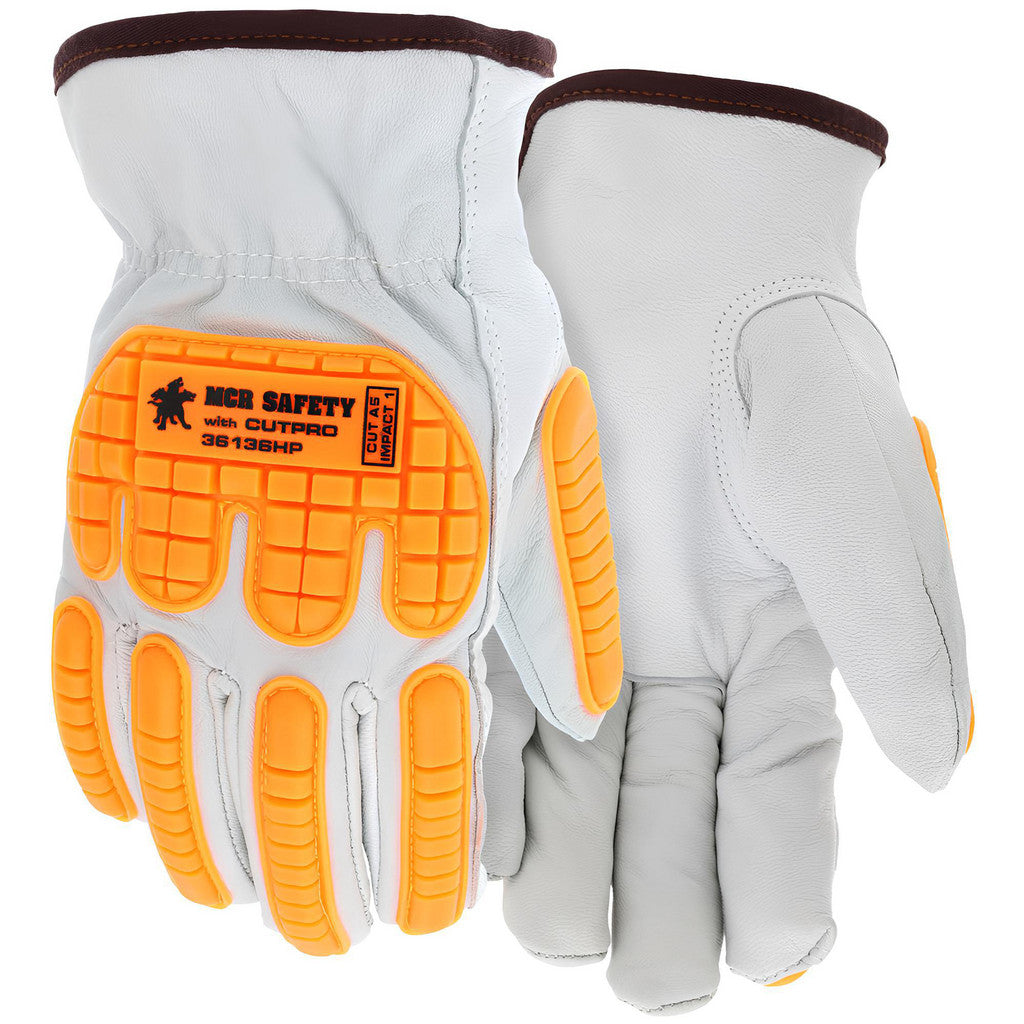 MCR Safety 36136HPL Cut, Puncture & Abrasion-Resistant Gloves: MCR Safety 36136HP, Size Large, ANSI Cut A5, ANSI Puncture 3, HPPE Lined, Goatskin