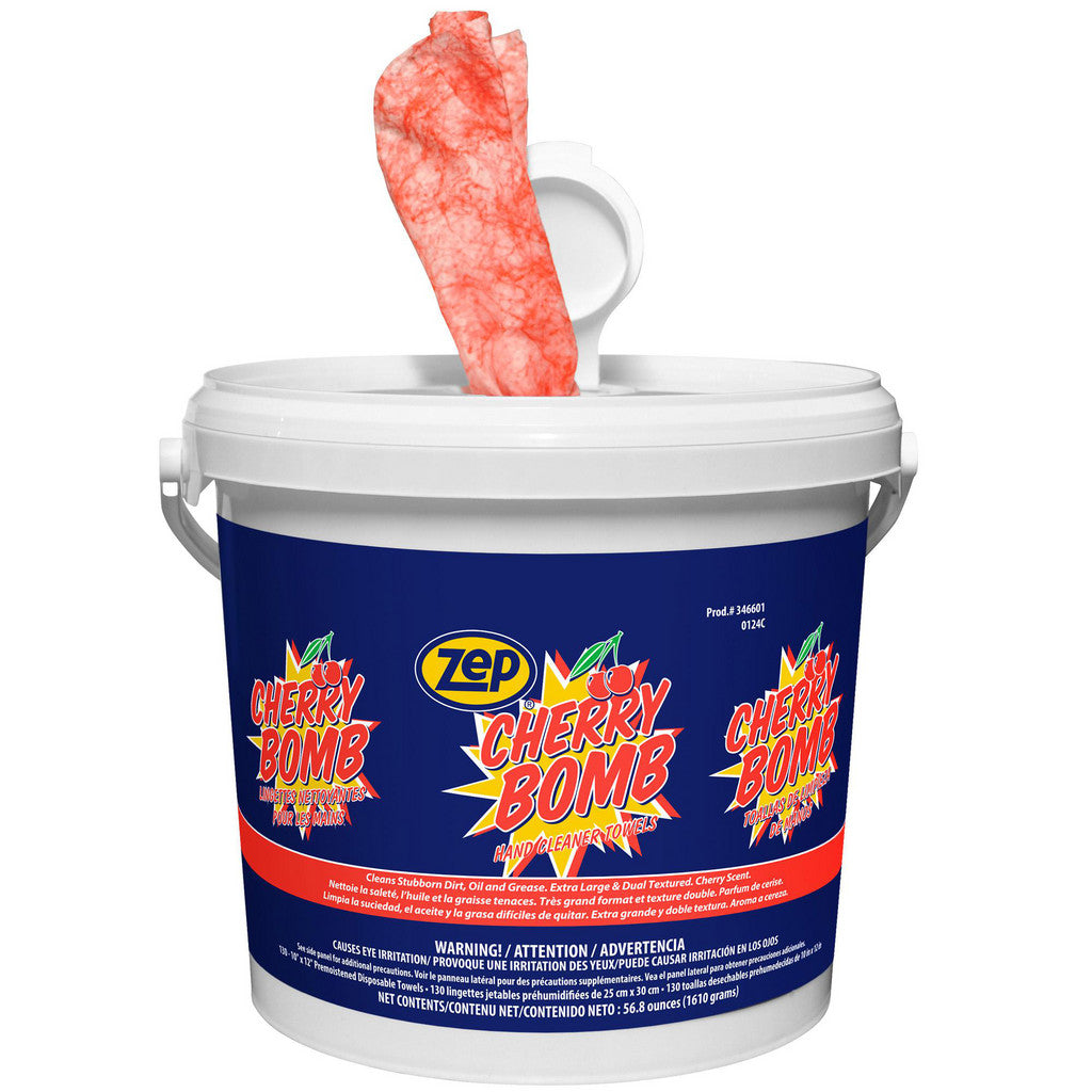 ZEP 346601 Cherry Bomb Hand Wipes, Pre-Moistened, Center Pull Canister, Cherry Scent