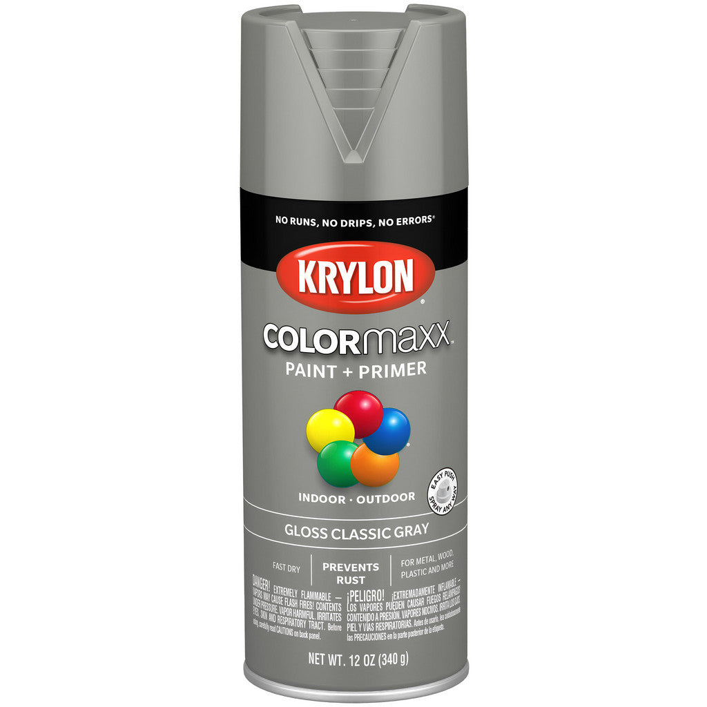 Krylon K05513007 COLORmaxx Paint + Primer, Gloss, Classic Gray, 12 oz