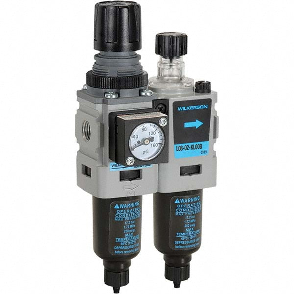 Wilkerson D08-02-FLG0B FRL Combination Unit: 1/4 NPT, Miniature, 2 Pc Filter/Regulator-Lubricator with Pressure Gauge