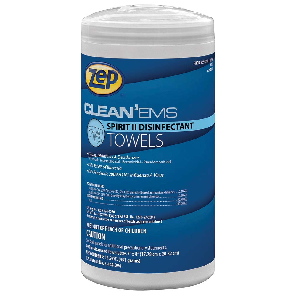 ZEP 650880 Clean'Ems Spirit II Disinfecting Towels, Pre-Moistened, Center Pull Canister, Pleasant Scent