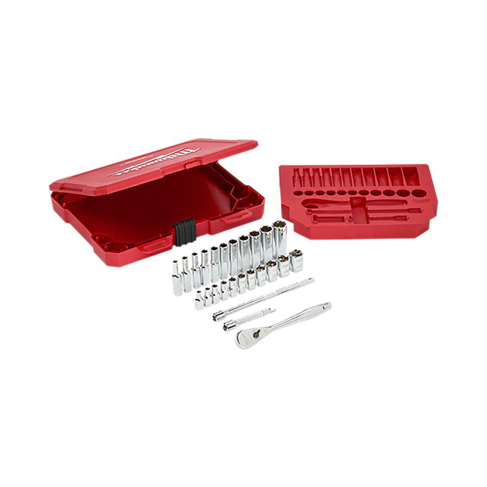 Milwaukee Tool 48-22-9404 Socket Set: Ratchet & Socket, 26 Pc, 1/4" Drive, 1/2" Min, 9/32" Max