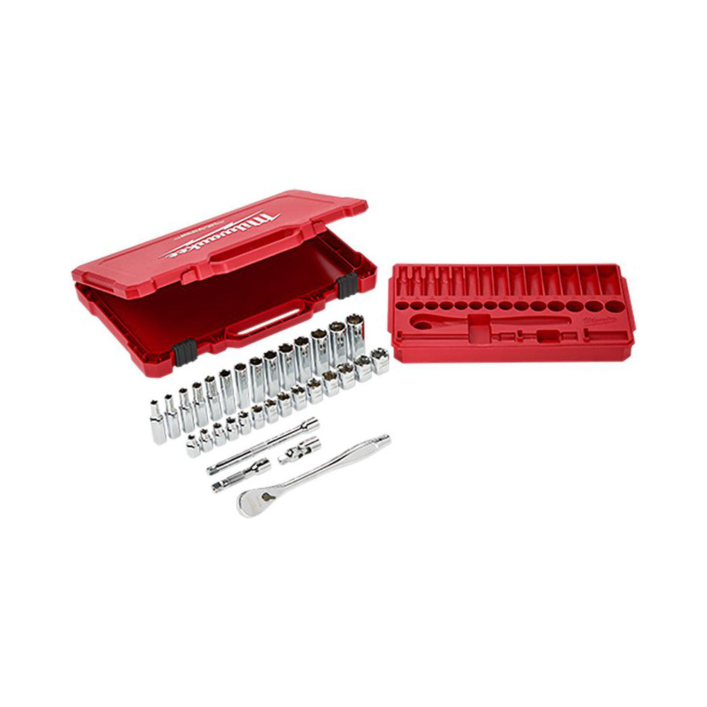 Milwaukee Tool 48-22-9508 Socket Set: Ratchet & Socket, 32 Pc, 3/8" Drive, 6.00 mm Min, 19.00 mm Max