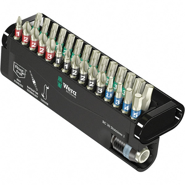 Wera 5071109001 Hex, Phillips, Pozidriv & Torx Power Bit Set: 30 Pc, 1/4" Drive, 2.5 to 5.5 mm Hex, #1 to #3 Phillips, #1 to #3 Pozidriv, T10 to T40 Torx