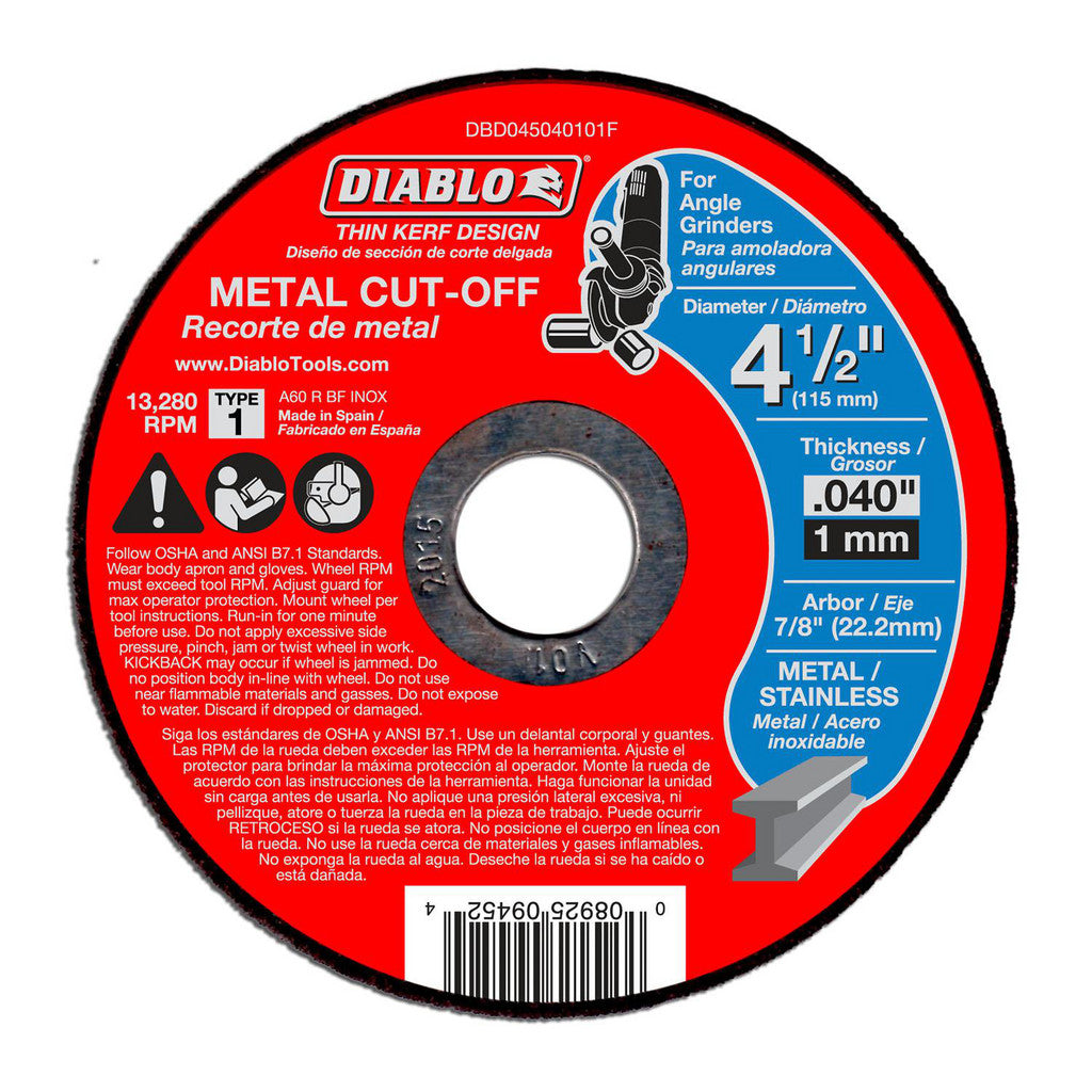 DIABLO DBD045040101F Cut-Off Wheel: Type 1 (01/41), 4-1/2 Dia, 0.0400" Thick, 7/8" Hole, Aluminum Oxide