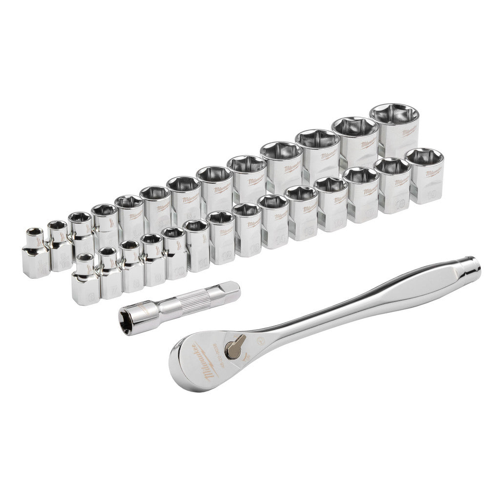 Milwaukee Tool 48-22-9088 29 Pc. 3/8" Drive Metric & SAE Ratchet and Socket Set with FOUR FLAT SIDES