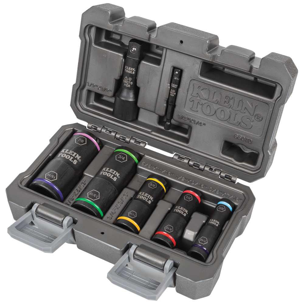 Klein Tools 66070 Socket Set: Impact, 7 Pc, 1/4, 1/2" Drive, 3/8 to 15/16"