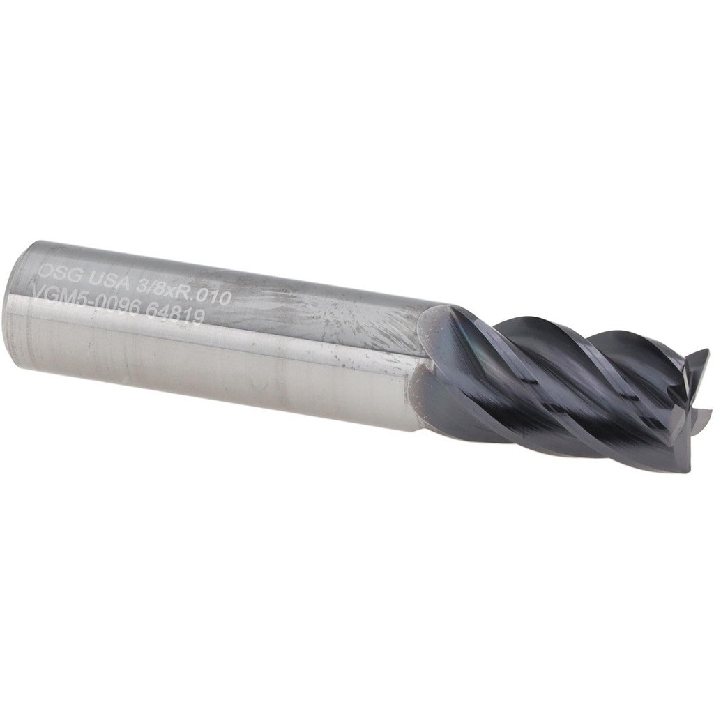 OSG VGM5-0096 Corner Radius End Mill: 3/8" Dia, 9/16" LOC, 0.0100" Corner Radius, 5 Flute, Solid Carbide