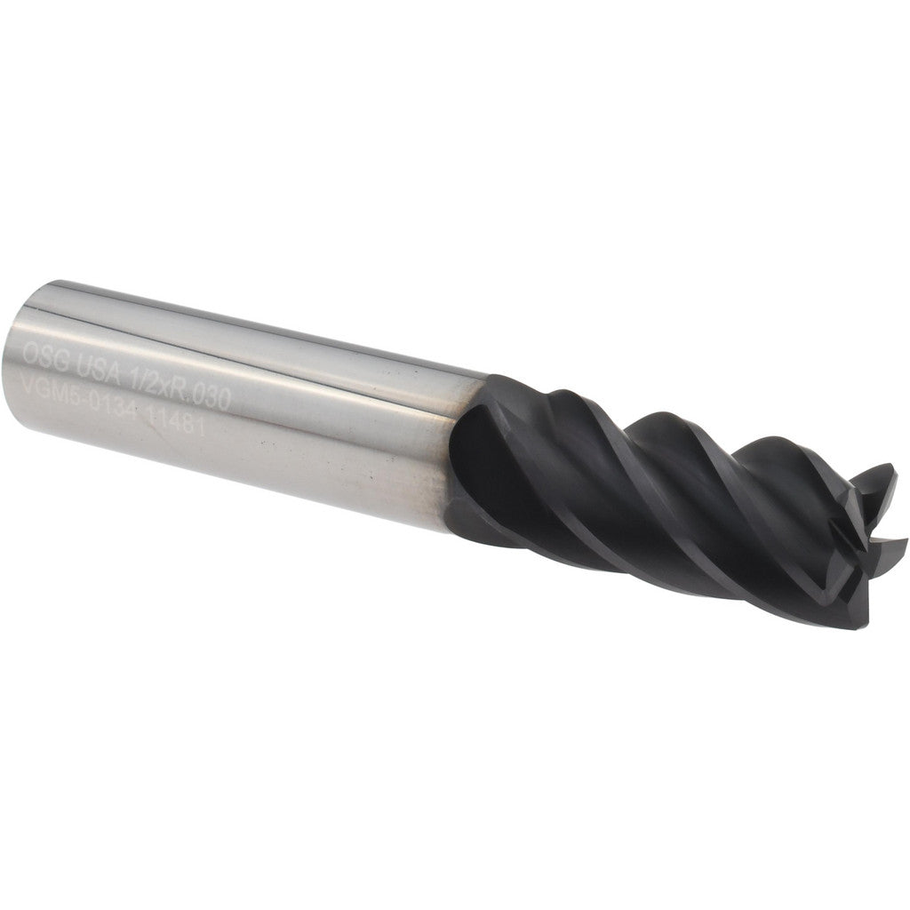 OSG VGM5-0134 Corner Radius End Mill: 1/2" Dia, 1" LOC, 0.0300" Corner Radius, 5 Flute, Solid Carbide