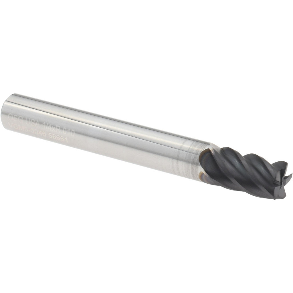 OSG VGM5-0046 Corner Radius End Mill: 1/4" Dia, 3/8" LOC, 0.0100" Corner Radius, 5 Flute, Solid Carbide
