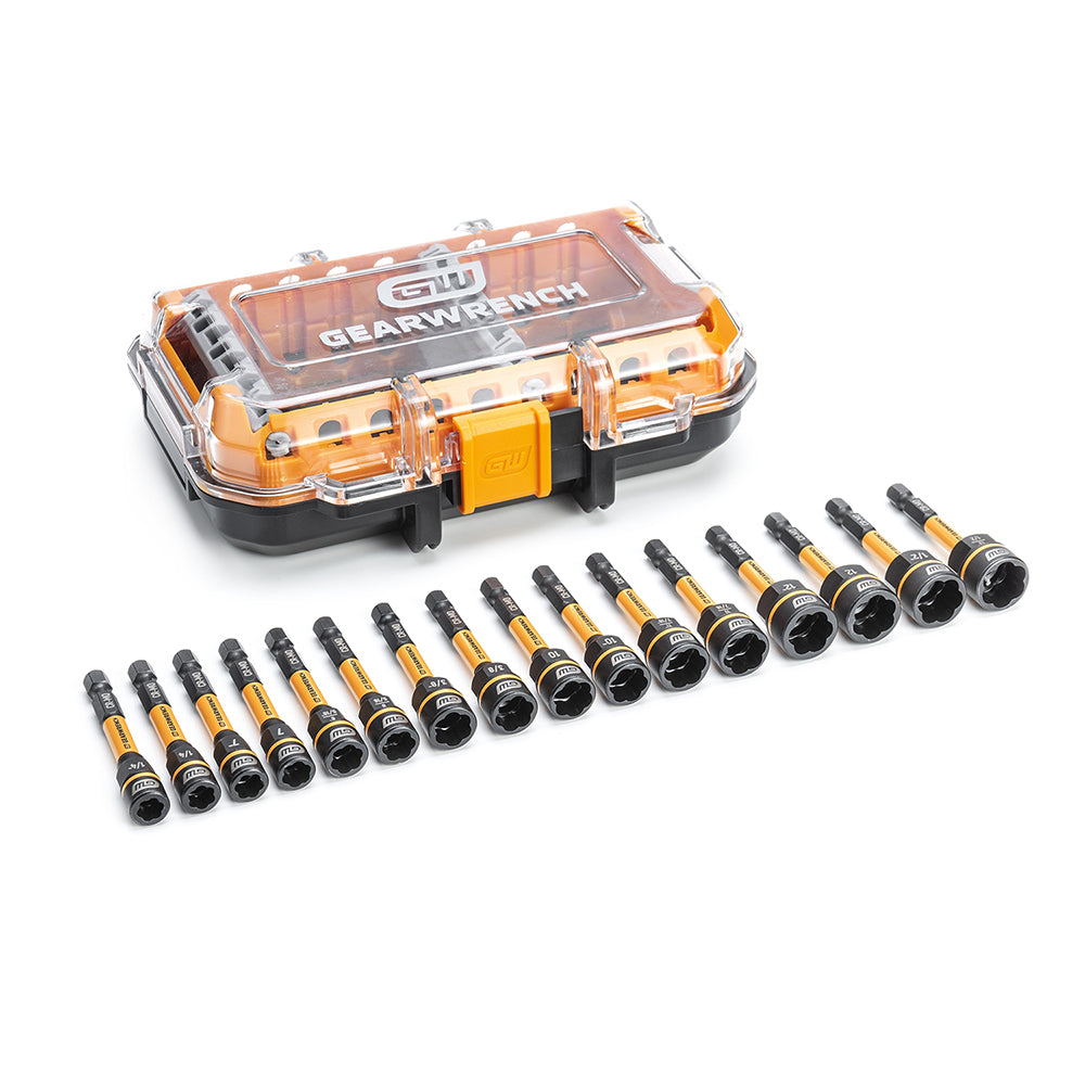 GEARWRENCH 86171 Nut Extractor Power Bit Set: 16 Pc, 1/4" Drive, 1/4 to 1/2" & 7 to 13 mm Hex