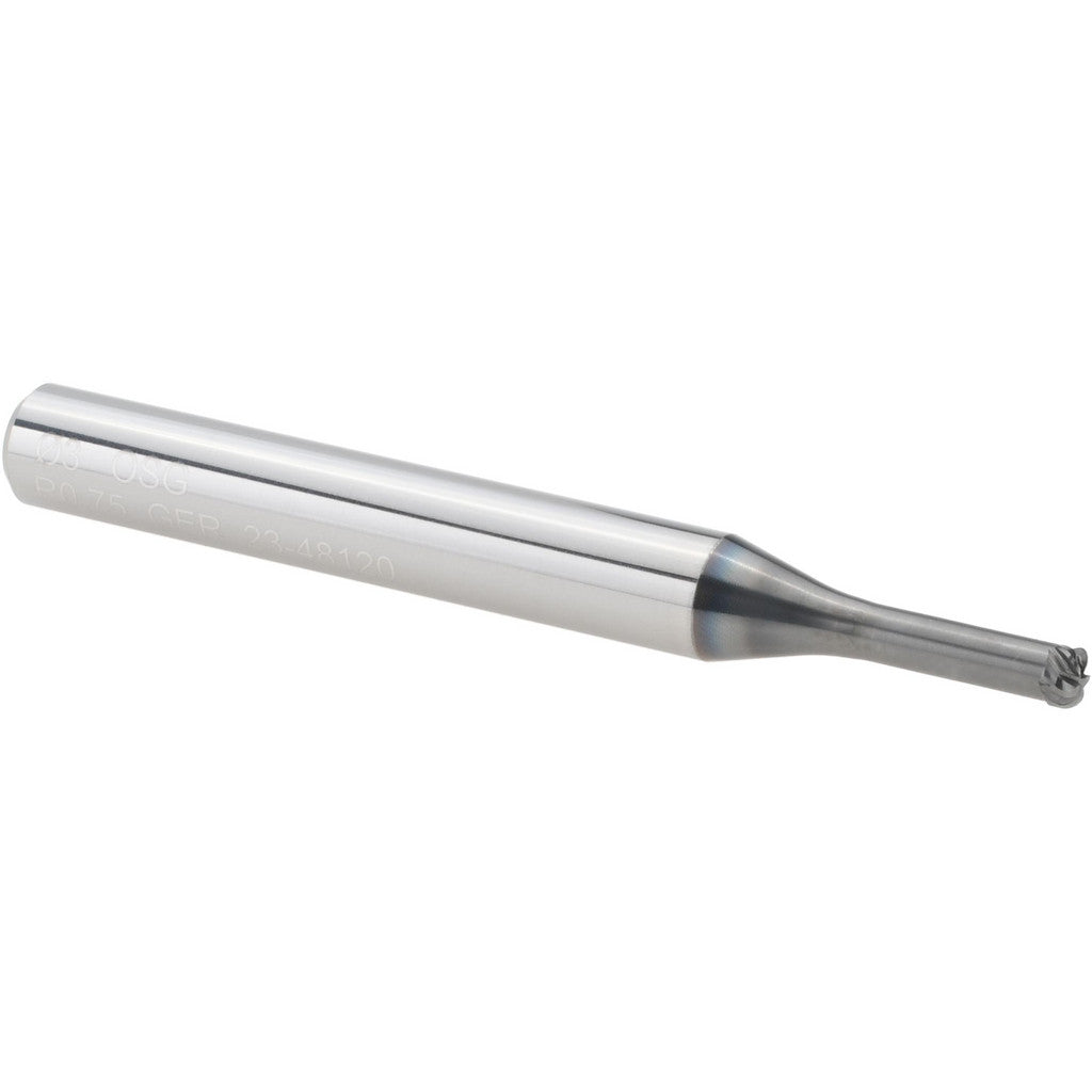 OSG 48106433 Corner Radius End Mill: 3.00 mm Dia, 1.20 mm LOC, 0.80 mm Corner Radius, 5 Flute, Solid Carbide