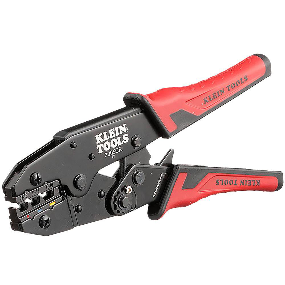 Klein Tools 3005CR Crimpers; Crimper Type: Terminal; Capacity: 10 - 22 AWG; Handle Material: ABS; Terminal Type: Standard; Features: 3 Crimping Cavities; Ratcheting: Yes