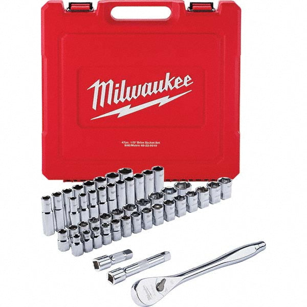 Milwaukee Tool 48-22-9010 47 Pc. 1/2" Drive SAE & Metric Ratchet and Socket Set with FOUR FLAT Sides