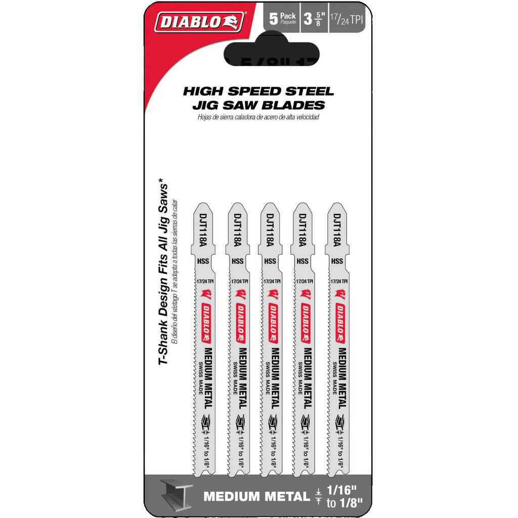 DIABLO DJT118A5 Jigsaw Blade: High Speed Steel, 17-24 TPI, 2.95" Blade Thickness, 2.95" Blade Width