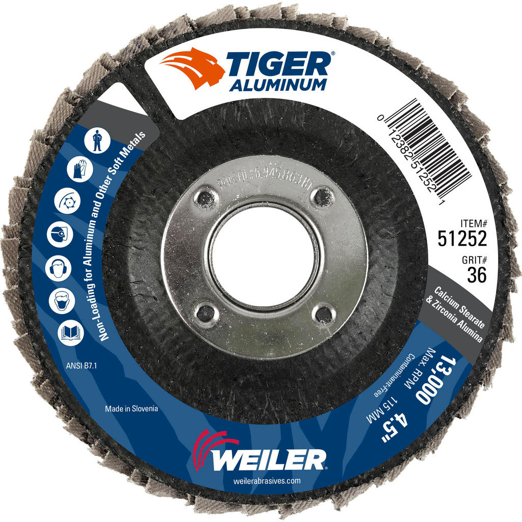 Weiler 51252 Flap Disc: 4-1/2" Dia, 7/8" Hole, 36 Grit, Zirconia Alumina, Type 27