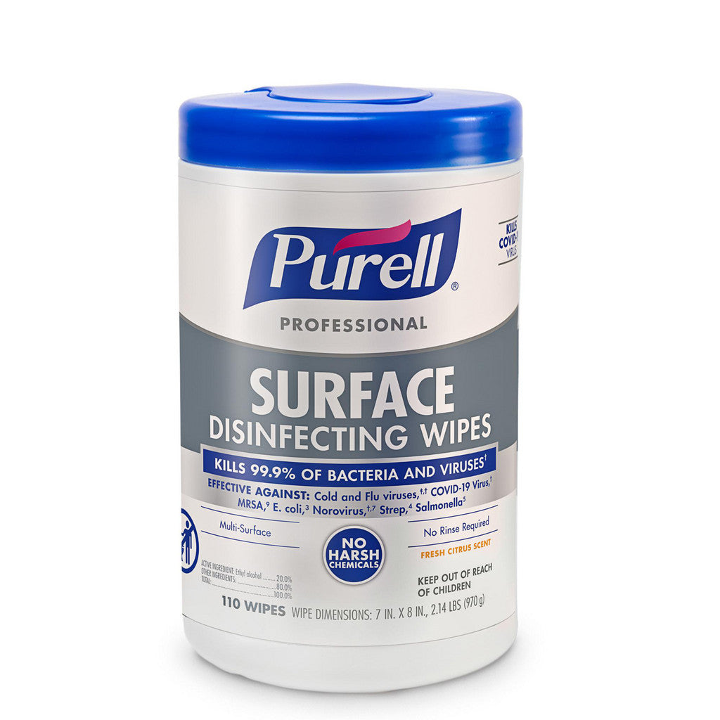 PURELL Professional Surface Disinfecting Wipes, Citrus Scent, 110 Count Canister, 7"x 8" Wipes - 9342-06