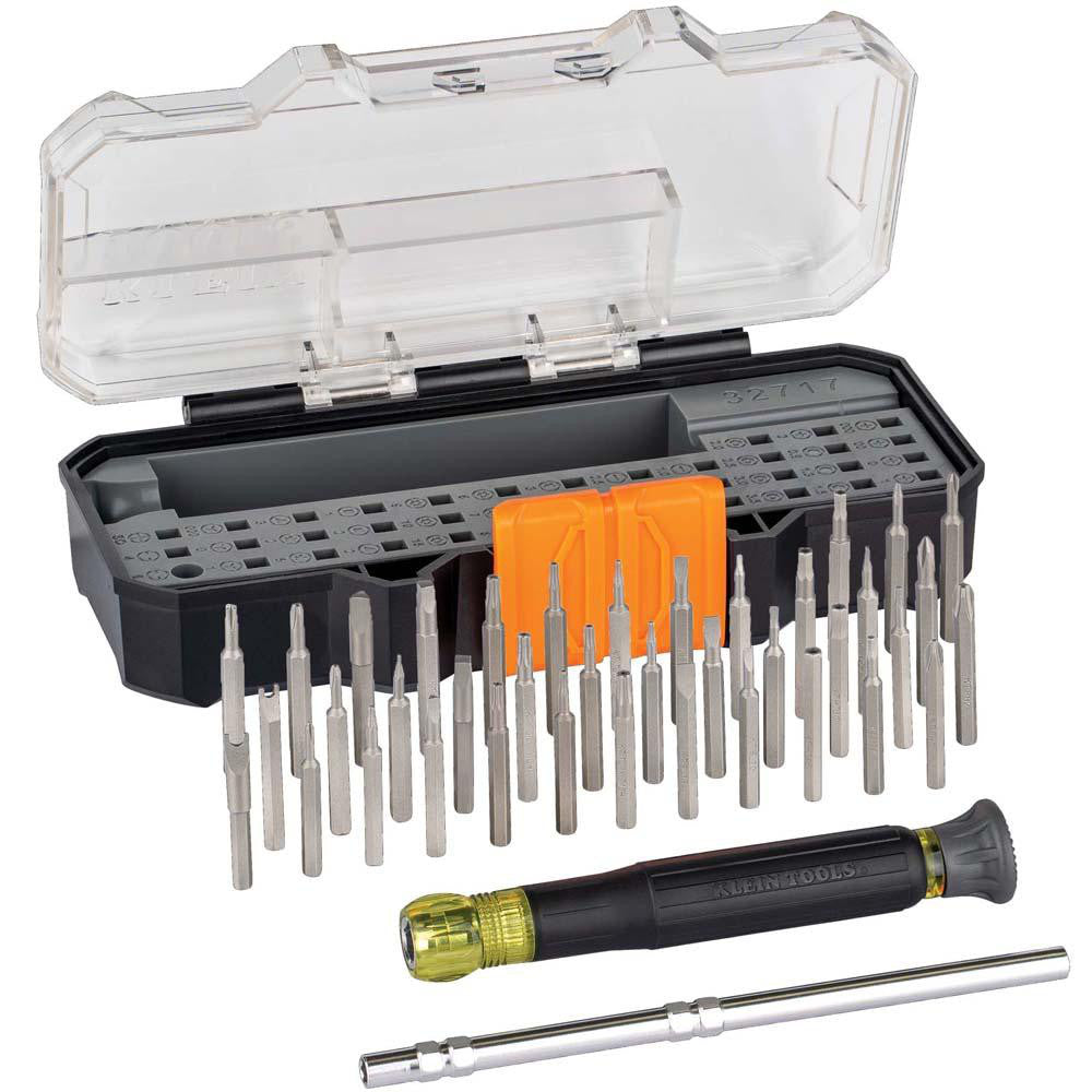 Klein Tools 32717 Screwdriver Sets; Screwdriver Types Included: Slotted; Phillips; Square; Torx; Hex; Number Of Pieces: 40; Insulated: No; Features: 39 Different Precision Bits Including Bits for Apple Products, Magnetic