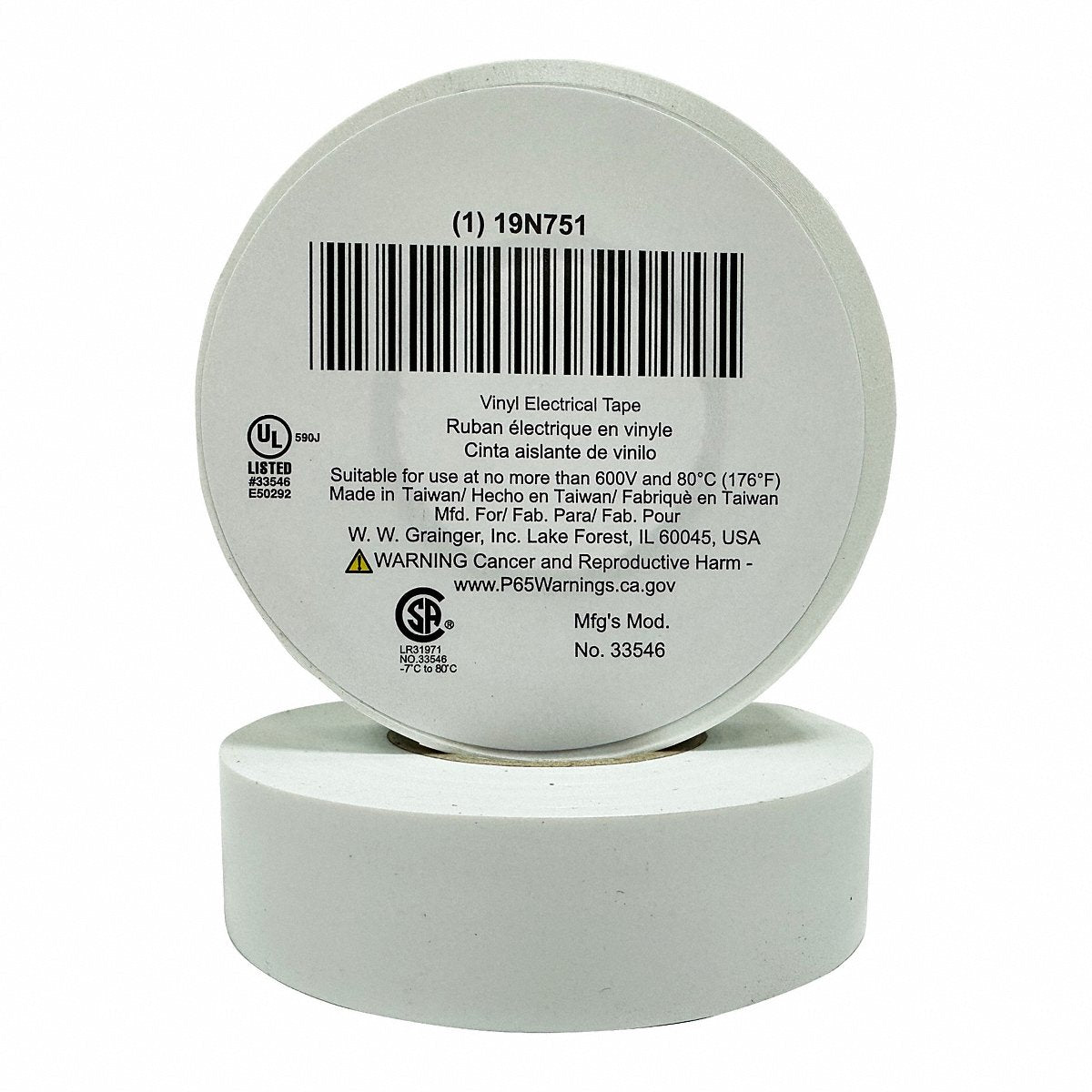 Grainger Global Sourcing-Electrical Elec Tape, 60 Ft Lx3/4 In W, 7 Mil, White, 60 ft (19N751)
