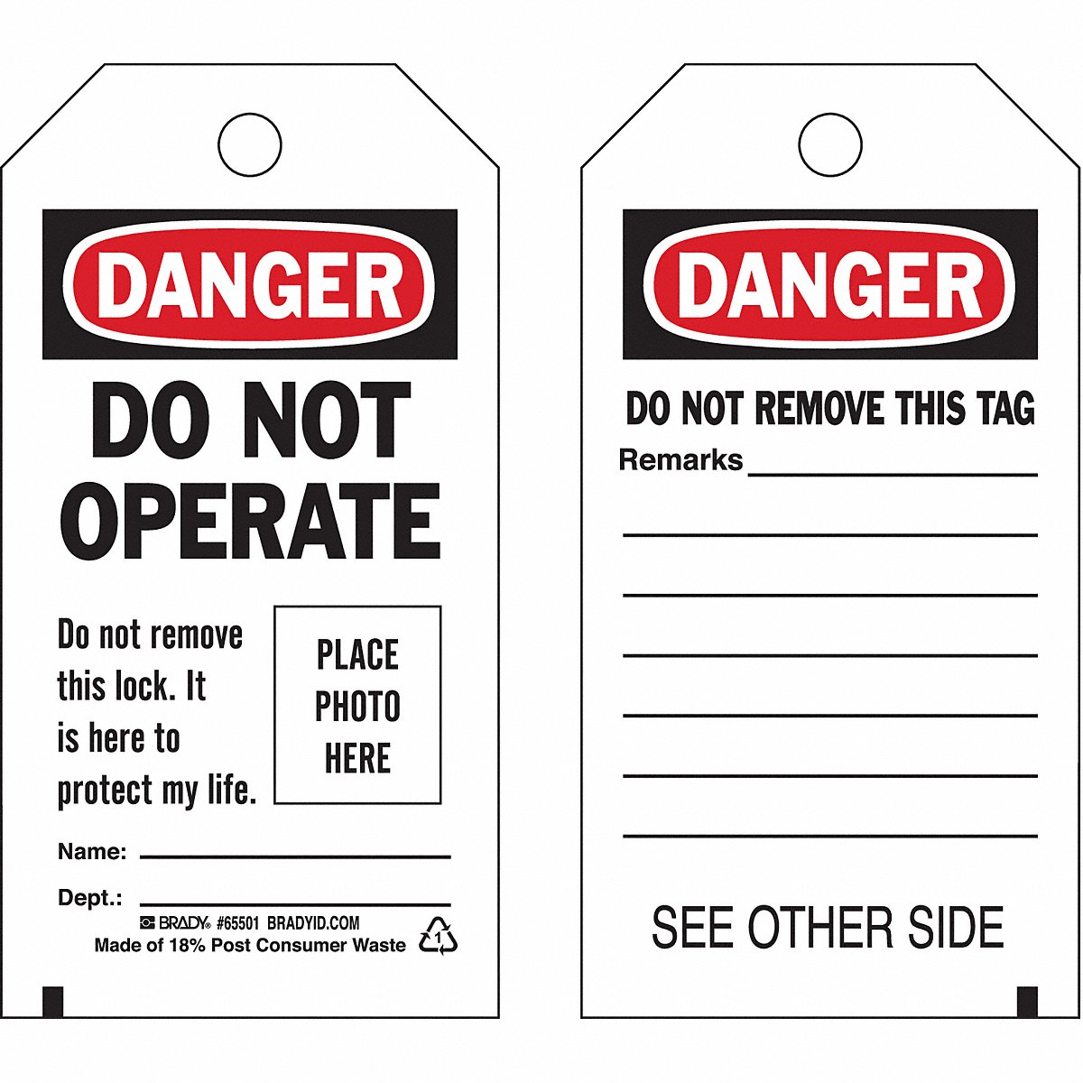 Brady Danger Tag, 5-3/4 X 3 In, Met, 3/8 In, Pk10, 3 In (65501)