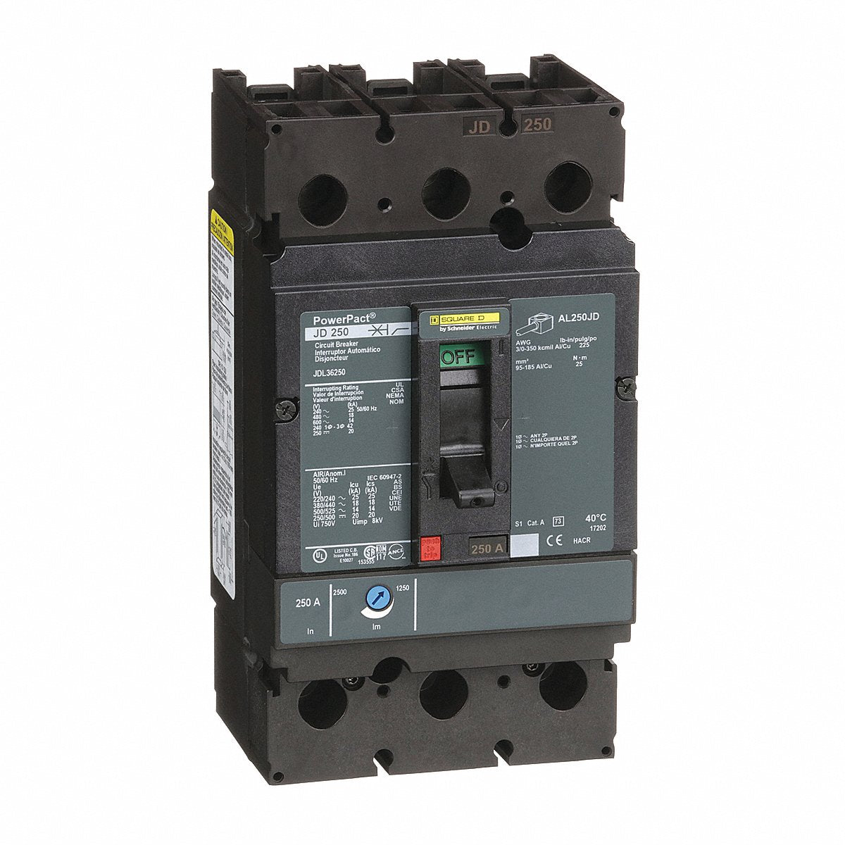 Square D Circuit Breaker, 250A, 3P, 600Vac, Jd (JDL36250)