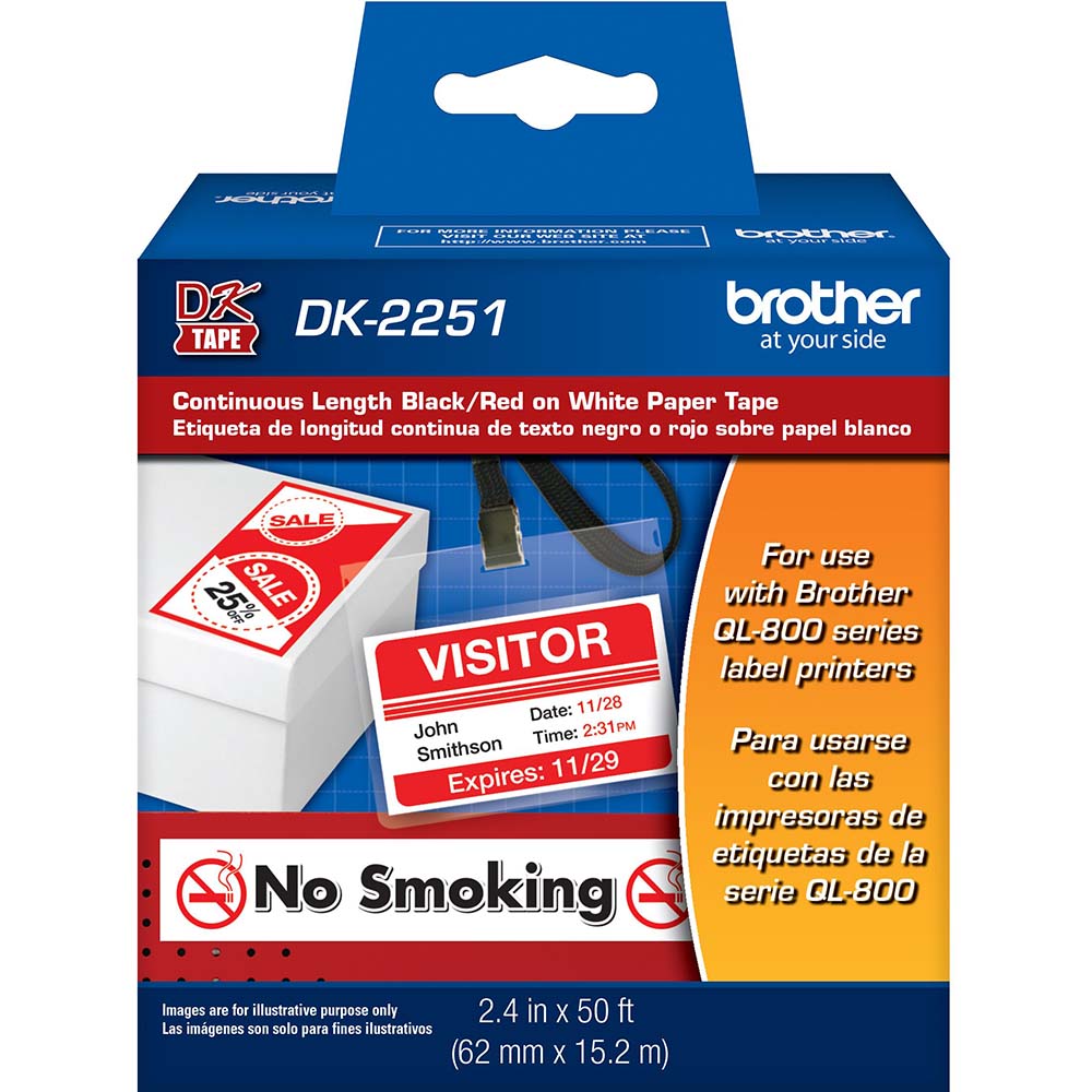 Brother DK2251 Label Tape Ribbon: 50' Long, Black, Red & White, Paper