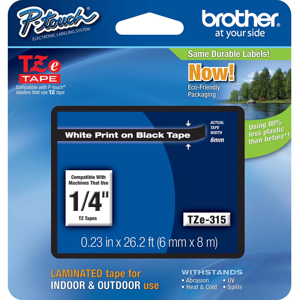Brother TZE315G Label Tape Ribbon: 26.2' Long, White & Black, Polyester