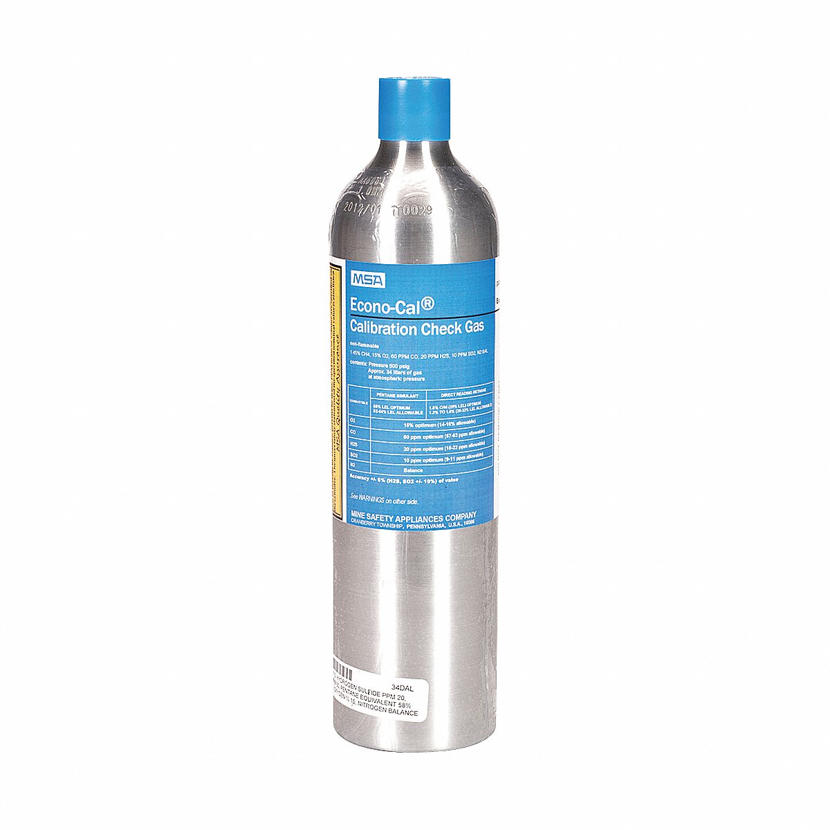 Msa Calibration Gas Cylinder, 5-Gas, 34L (10098855)