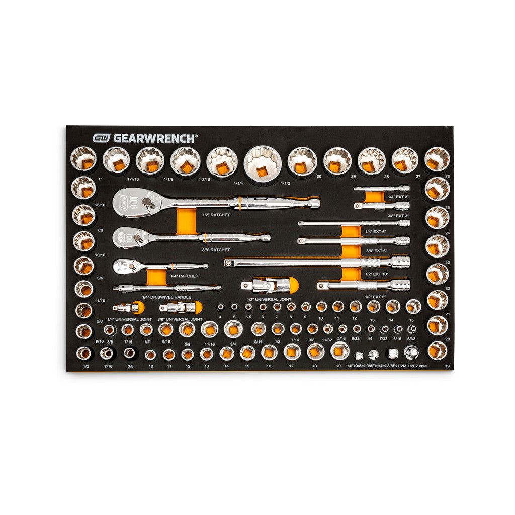 GEARWRENCH 86529 83 Pc, 1/4", 3/8" & 1/2" Drive, 90-Tooth, SAE & Metric Mechanics Tool Set with Foam Storage Tray