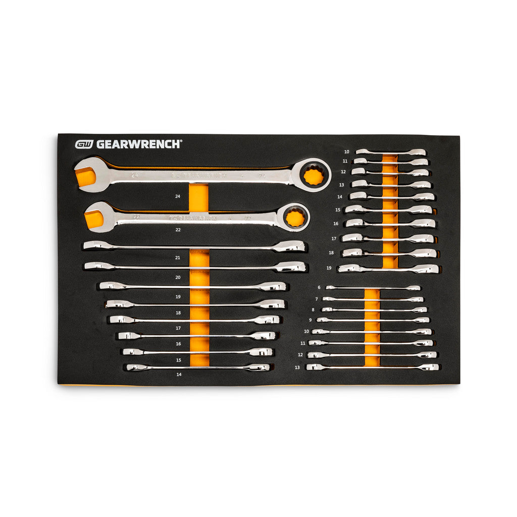 GEARWRENCH 86527 28 Piece 72-Tooth 12 Point Metric Standard & Stubby Combination Ratcheting Wrench Set with Foam Storage Tray