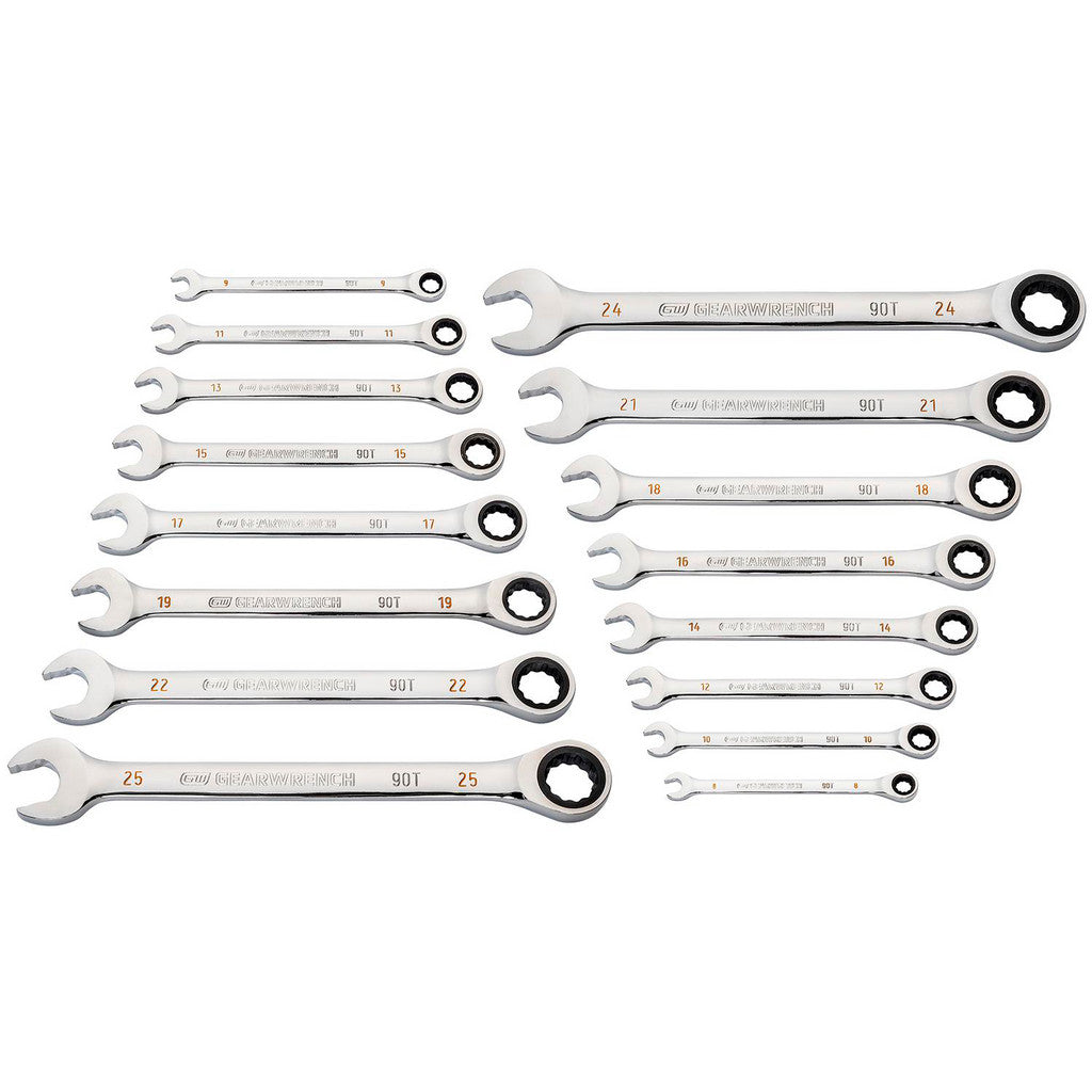 GEARWRENCH 86928 16 Pc 90-Tooth, 12 Point Metric Combination Ratcheting Wrench Set