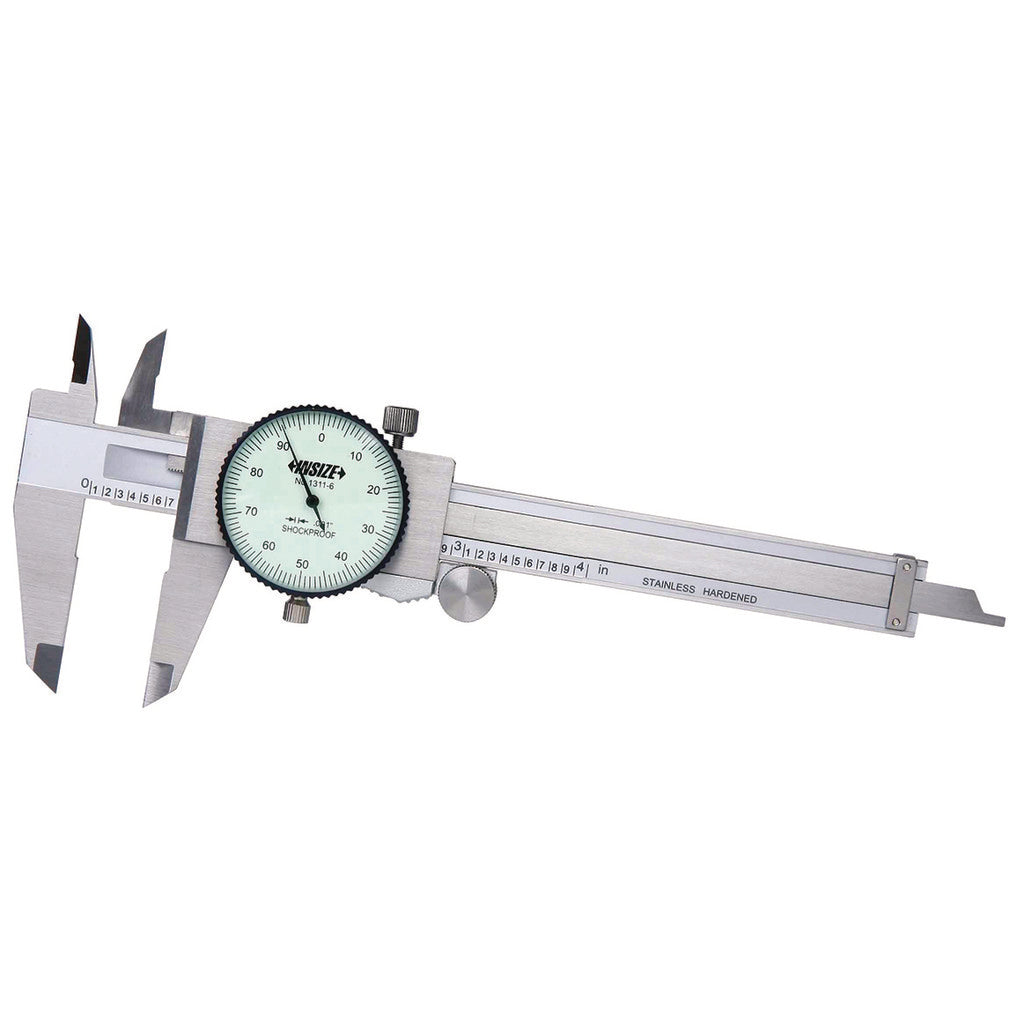 Insize USA LLC 1311-4 Dial Caliper: 4", 0.001000" Graduation, 0.1000" per Revolution, +/-0.0015" Accuracy, Calibrated, Stainless Steel Jaws
