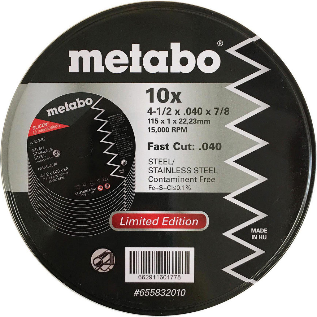Metabo 655832010 Cut-Off Wheel: Type 1 (01/41), 4-1/2 Dia, 7/8" Hole, Aluminum Oxide (Pack of 10)