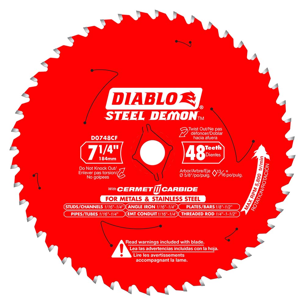 DIABLO D0748CFA Wet & Dry Cut Saw Blade: 7-1/4" Dia, 5/8" Arbor Hole, 0.075" Kerf Width, 48 Teeth