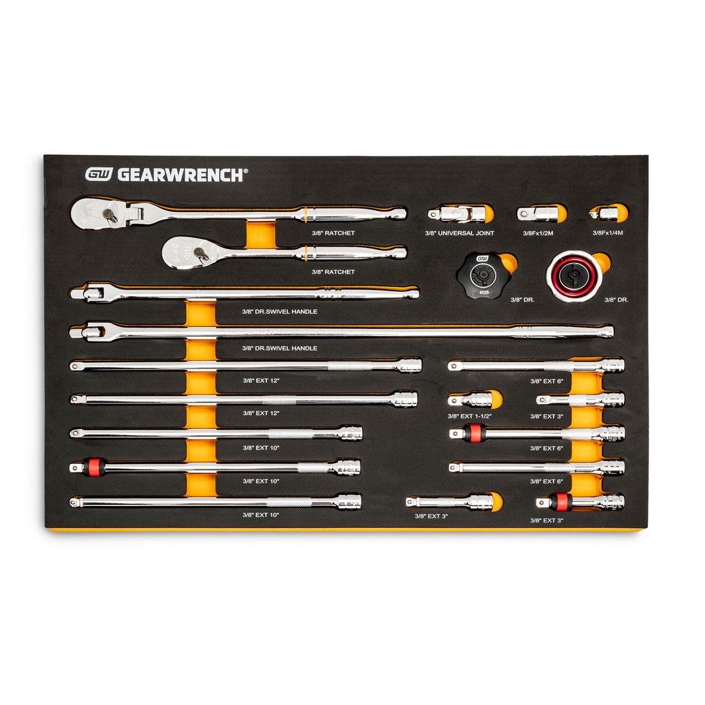 GEARWRENCH 86521 21 Pc, 3/8" 90-Tooth, Ratchet & Drive Tool Set with Foam Storage Tray