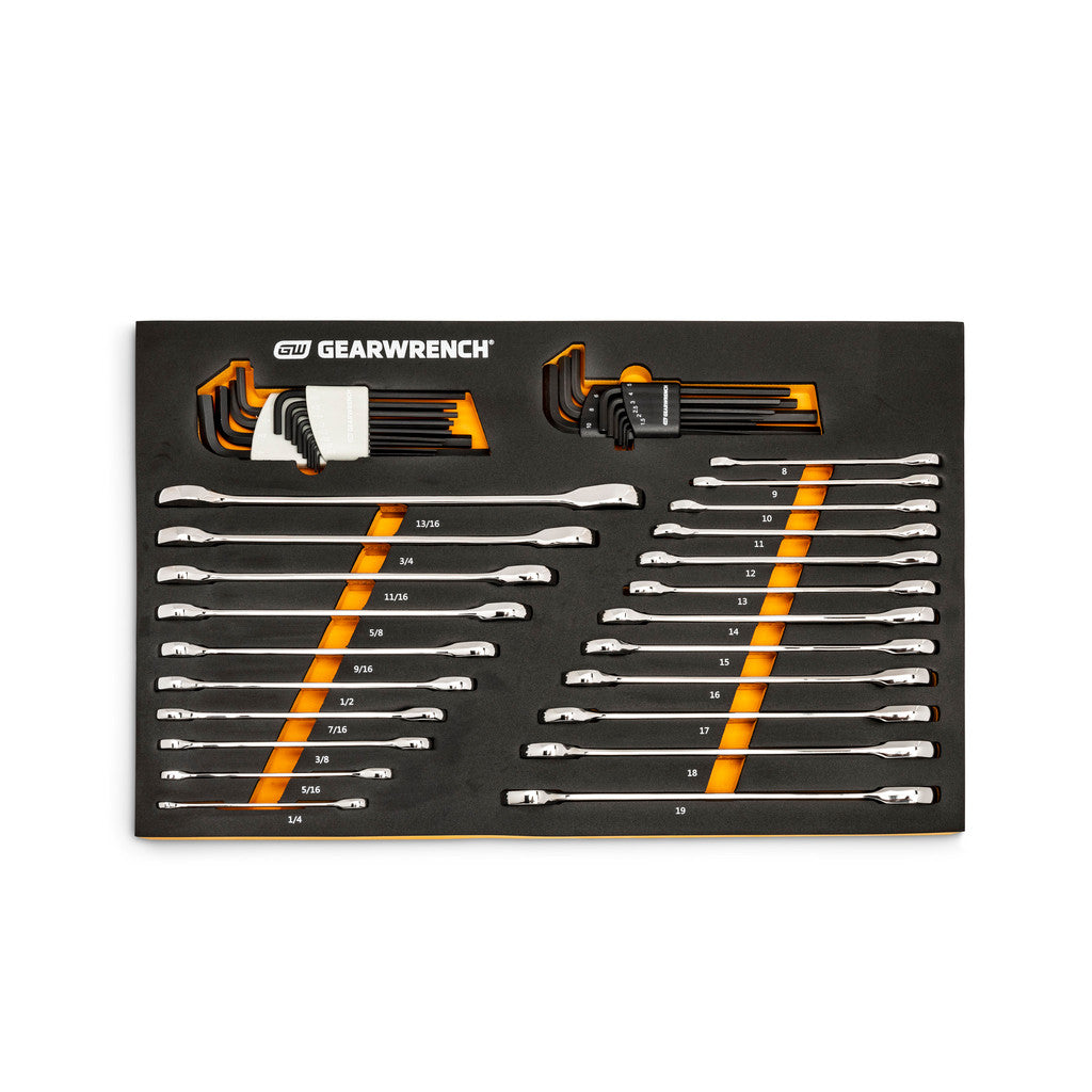 GEARWRENCH 86528 44 Piece 90T SAE/Metric Combination Ratcheting Wrench & Long Arm Hex Key Set with Foam Storage Tray