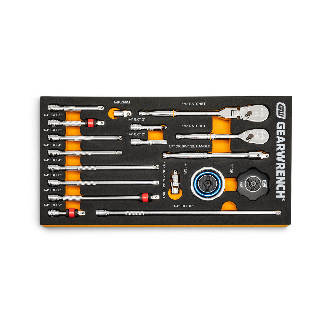GEARWRENCH 86520 18 Pc, 1/4" 90-Tooth, Ratchet & Drive Tool Set with Foam Storage Tray