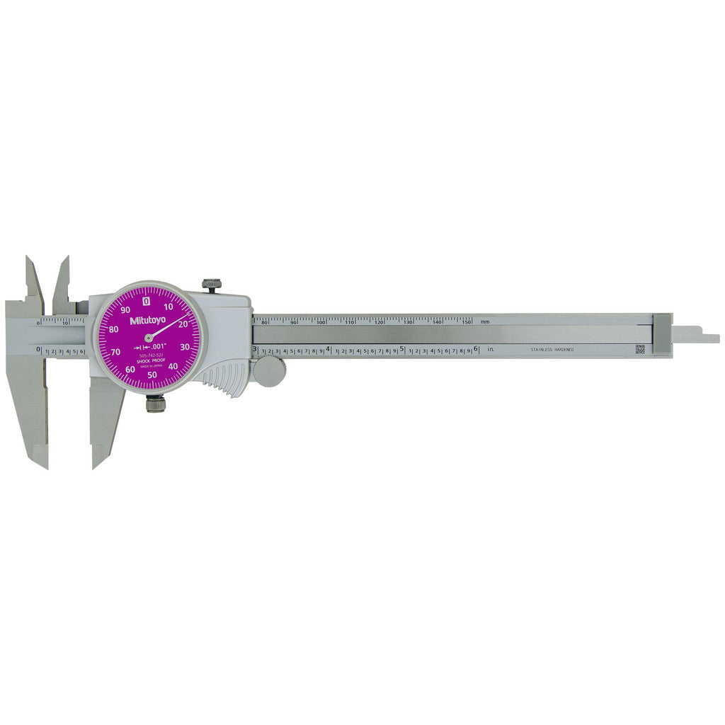 Mitutoyo 505-742-52JCAL Dial Caliper: 6", 0.001000" Graduation, 0.1" per Revolution, +/-.001" Accuracy, Calibrated, Steel Jaws