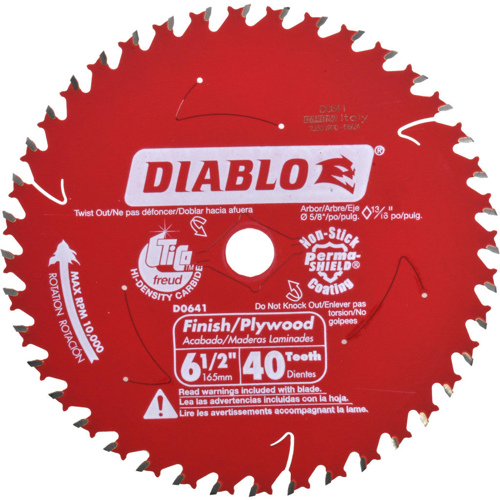 DIABLO D0641X Wet & Dry Cut Saw Blade: 6-1/2" Dia, 5/8" Arbor Hole, 0.059" Kerf Width, 40 Teeth
