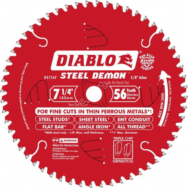 DIABLO D0756F Wet & Dry Cut Saw Blade: 7-1/4" Dia, 5/8" Arbor Hole, 0.102" Kerf Width, 56 Teeth