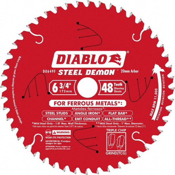 DIABLO D0649F Wet & Dry Cut Saw Blade: 6-3/4" Dia, 20" Arbor Hole, 0.071" Kerf Width, 48 Teeth